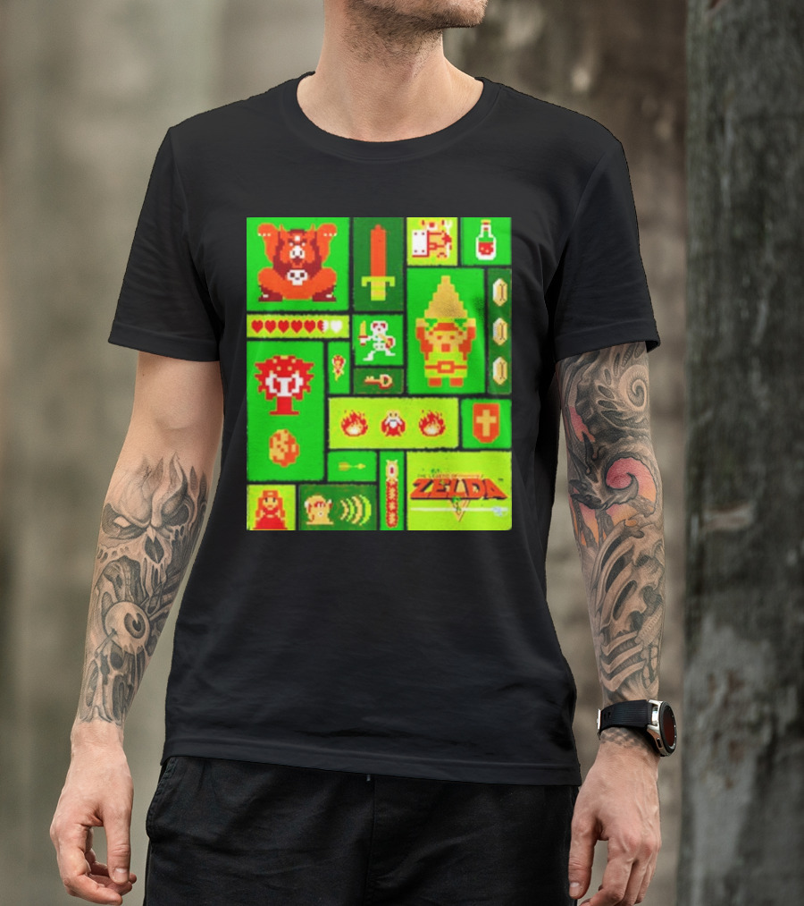 Legend Of Zelda Pixel Art Collage Retro Gaming Icons T-Shirt