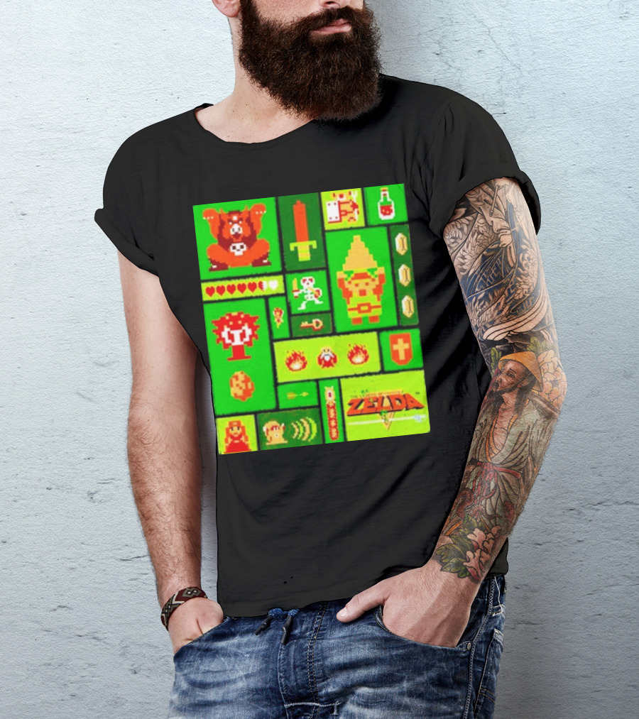 Legend Of Zelda Pixel Art Collage Retro Gaming Icons T-Shirt