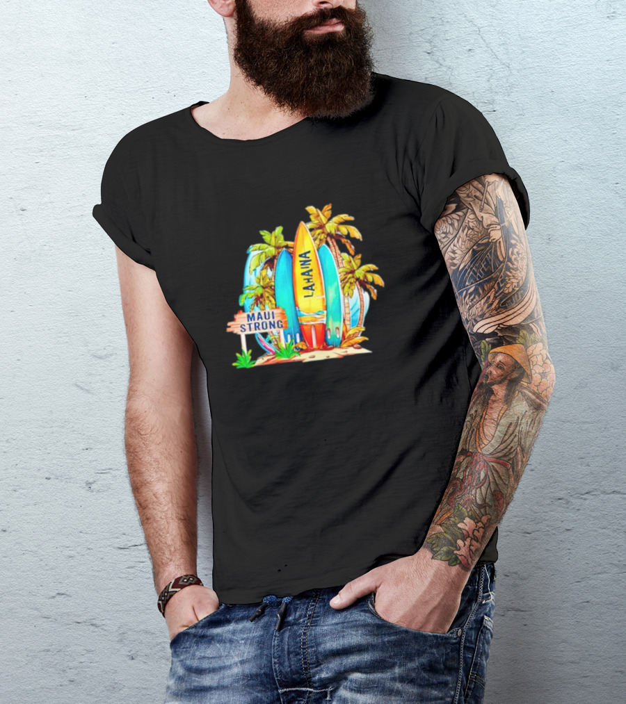 Maui Strong Lahaina Surfboard And Palm Trees Fundraiser T-Shirt