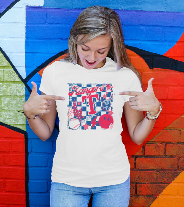 Rangers T Large Checkerboard Stars Baseball Smiley Lightning Peace T-Shirt