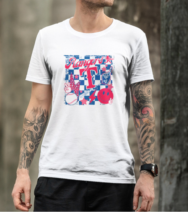 Rangers T Large Checkerboard Stars Baseball Smiley Lightning Peace T-Shirt
