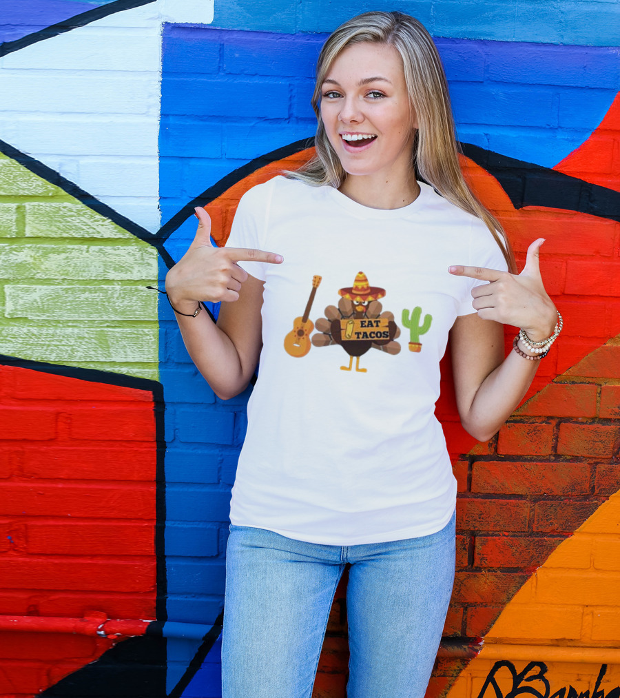Thanksgiving Turkey Wearing Sombrero Holding Eat Tacos Sign With Guitar And Cactus T-Shirt