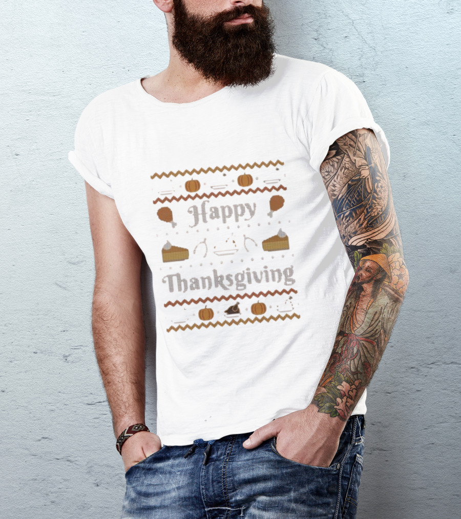 Happy Thanksgiving Pumpkin Pie Turkey Cross-Stitch T-Shirt