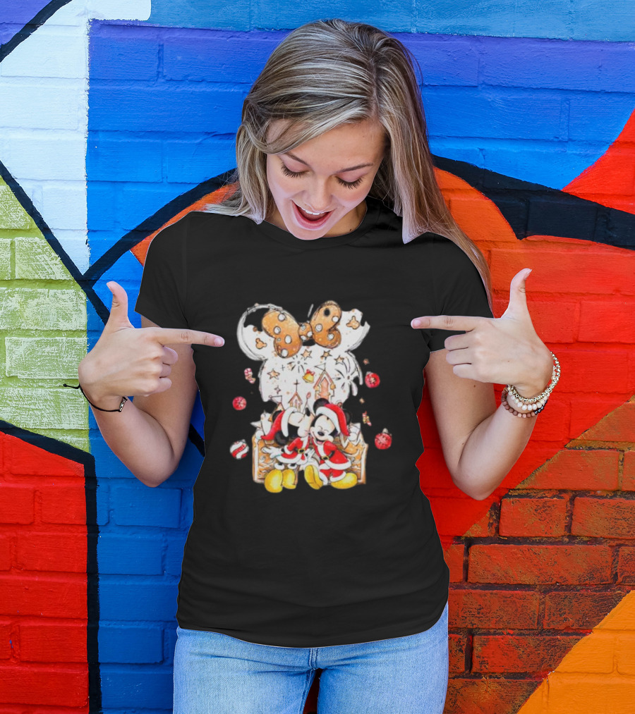 Mickey And Minnie Christmas Castle Gingerbread Mouse Ears Holiday Scene T-Shirt