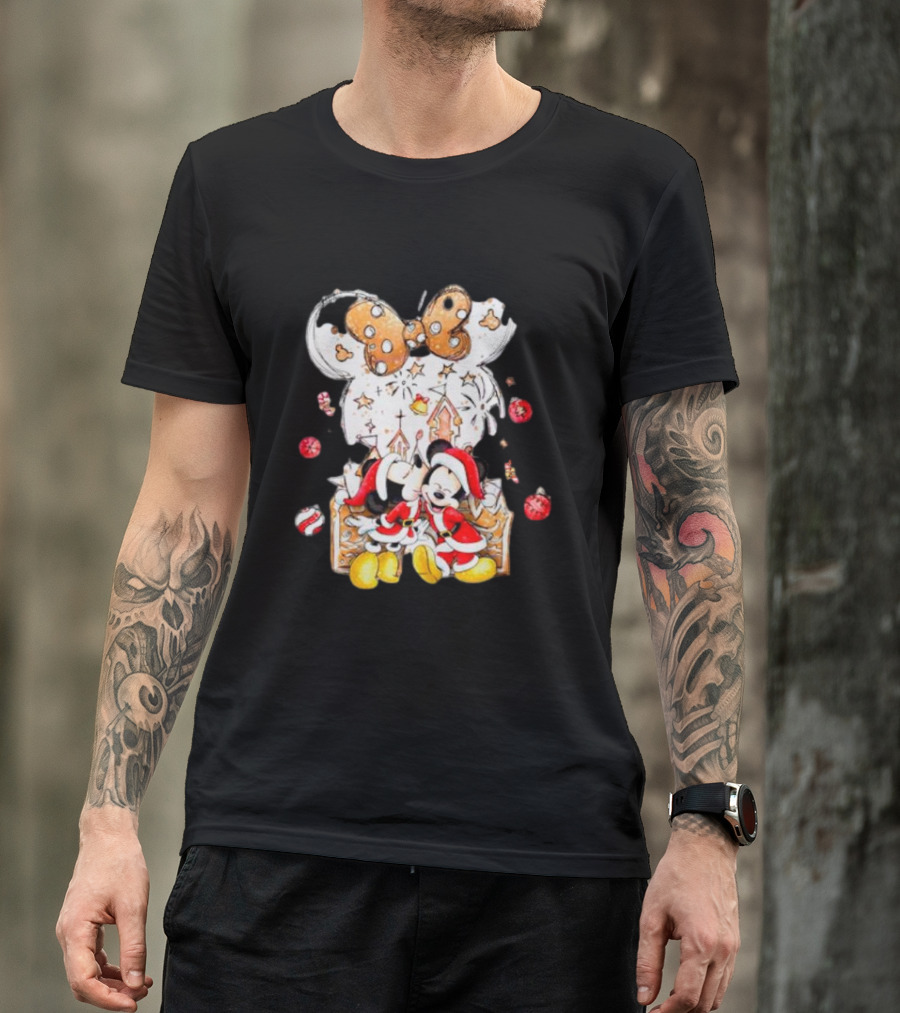 Mickey And Minnie Christmas Castle Gingerbread Mouse Ears Holiday Scene T-Shirt