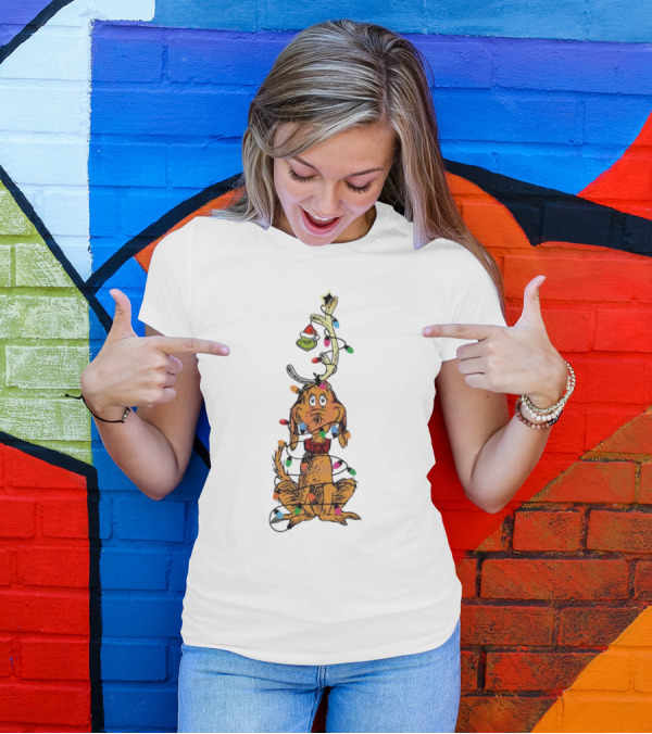 Funny Grinch Christmas Lights With Dog Wrapped In Colorful String Of Lights T-Shirt