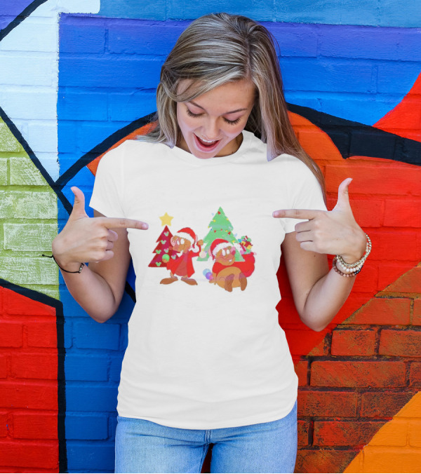 Santa Jaq And Gus With Christmas Lights And Presents By Christmas Tree T-Shirt