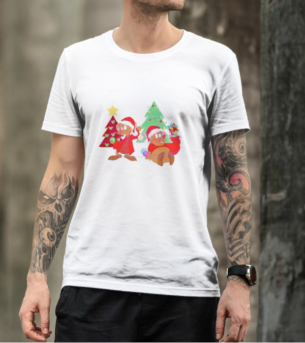 Santa Jaq And Gus With Christmas Lights And Presents By Christmas Tree T-Shirt