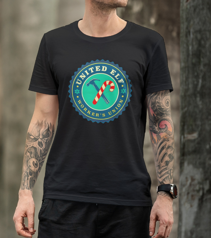 United Elf Worker's Union Candy Cane And Hammer Emblem T-Shirt