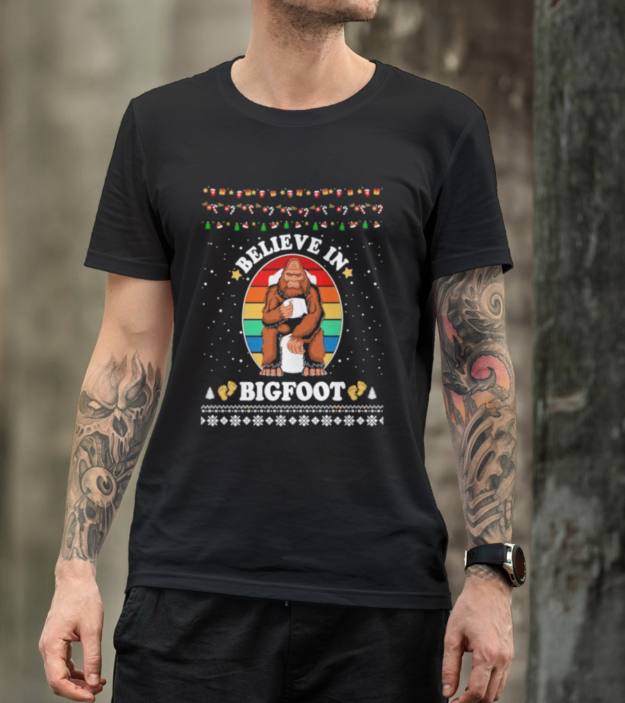 Believe In Bigfoot With Toilet Humor And Christmas Icons T-Shirt