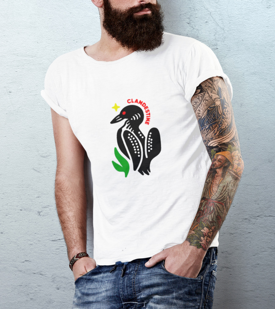 Clandestine Loon Bird With Star And Green Leaf Elements T-Shirt