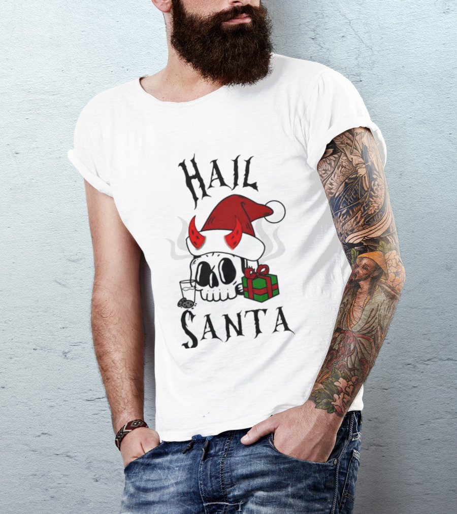 Hail Santa Skull With Devilish Santa Hat And Christmas Present T-Shirt