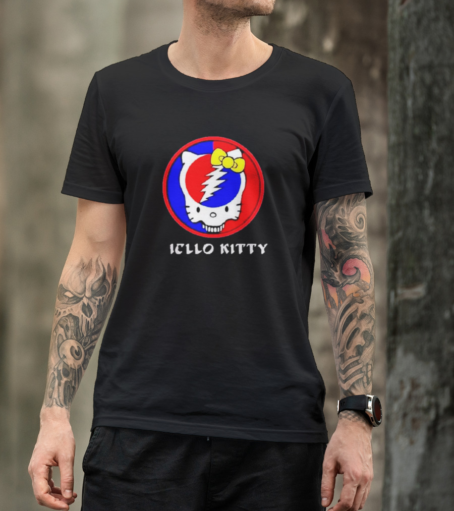 Hello Kitty Grateful Dead Skull Icon With Lightning Bolt And Yellow Bow T-Shirt
