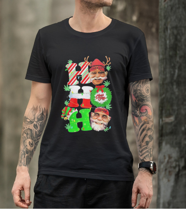 Cheech And Chong Xmas 2024 Hohoho Holiday Cannabis Santa Reindeer Christmas Wreath Elf T-Shirt
