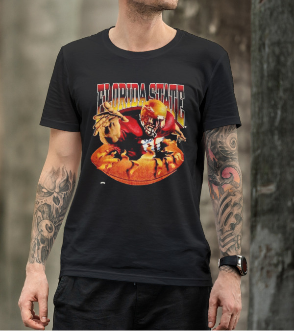 Florida State Seminoles FSU Football Player Emerging From Flames Two Sided Nutmeg T-Shirt