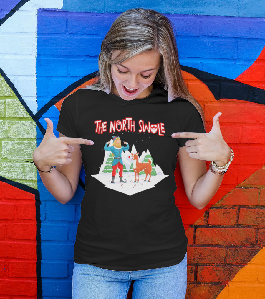 Papa Swolio Elf With Reindeer In The North Swole Winter Scene T-Shirt