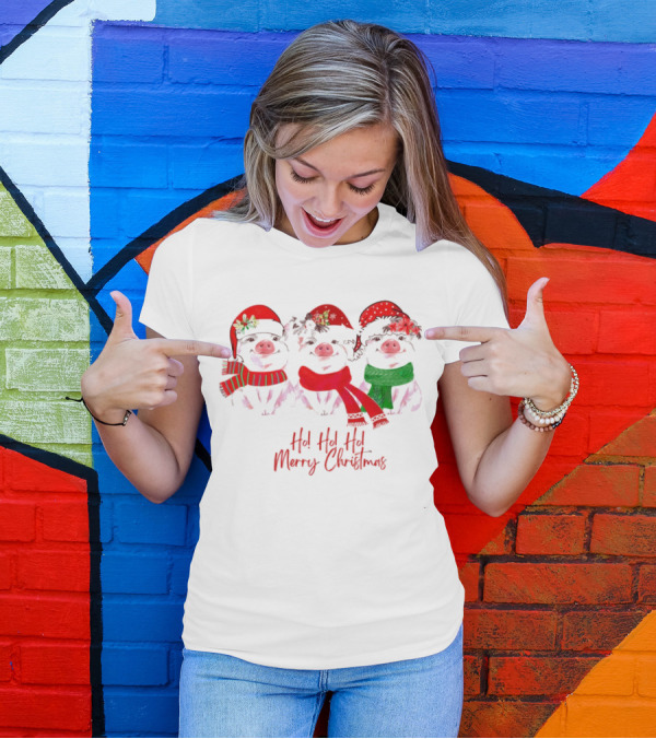 Ho Ho Ho Merry Christmas Pig Trio Santa Hat T-Shirt