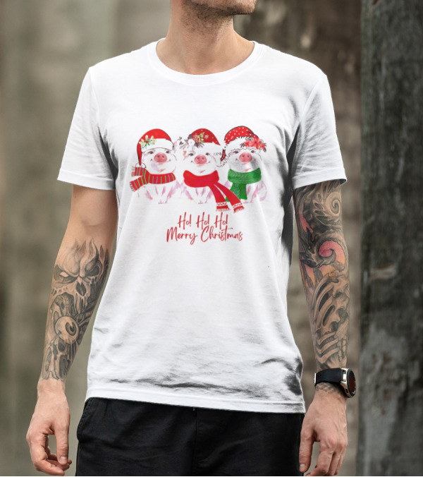 Ho Ho Ho Merry Christmas Pig Trio Santa Hat T-Shirt