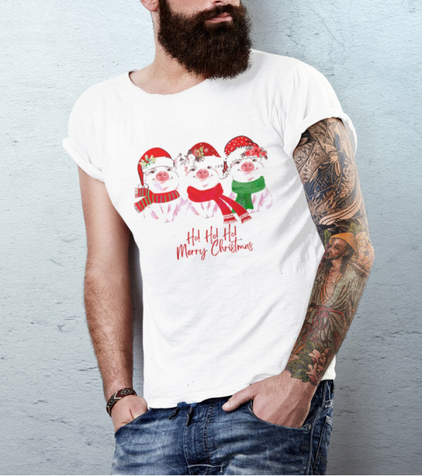 Ho Ho Ho Merry Christmas Pig Trio Santa Hat T-Shirt