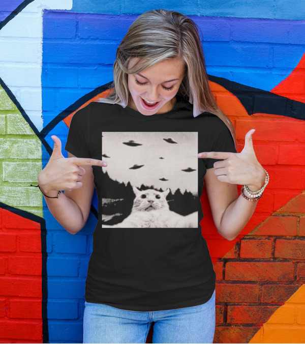 Cat Taking A Selfie UFOs Black And White Forest Background T-Shirt