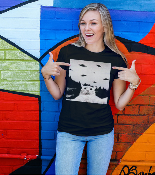Cat Taking A Selfie UFOs Black And White Forest Background T-Shirt