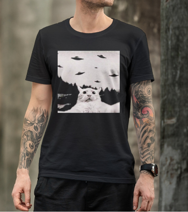 Cat Taking A Selfie UFOs Black And White Forest Background T-Shirt