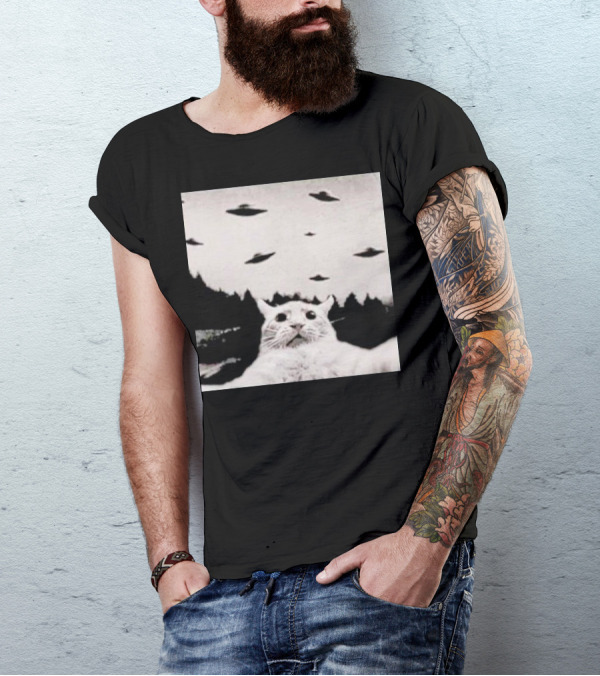 Cat Taking A Selfie UFOs Black And White Forest Background T-Shirt