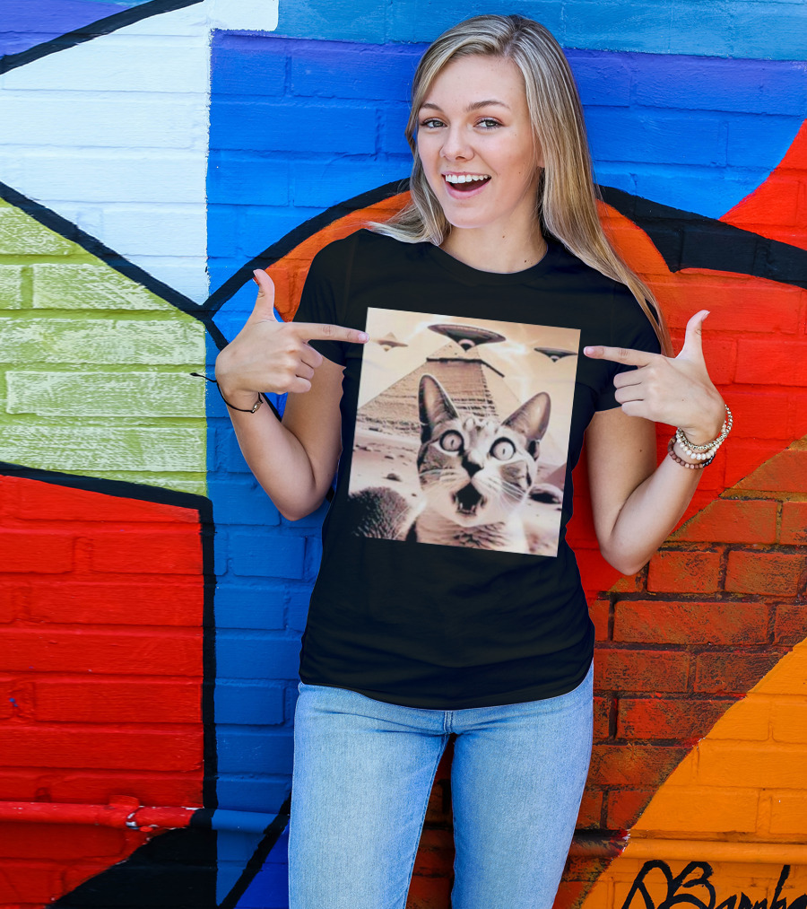 Funny Cat UFO Encounter At Egypt Pyramids T-Shirt