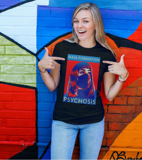 MASS FORMATION PSYCHOSIS Masked Portrait In Red And Blue T-Shirt