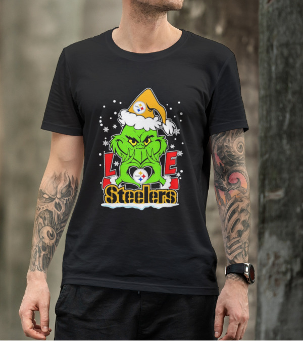 The Grinch Santa Hat Love Pittsburgh Steelers Logo Snowflakes T-Shirt