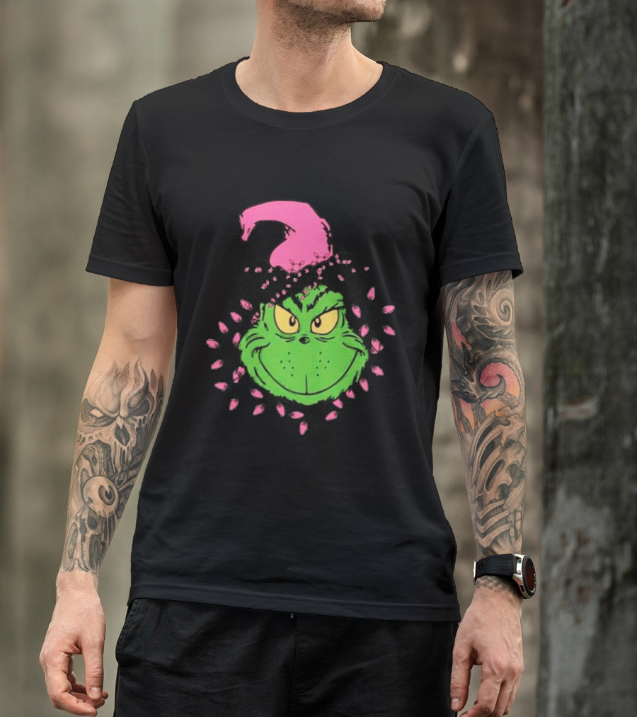 Grinch In Pink Santa Hat With Pink Christmas Lights T-Shirt