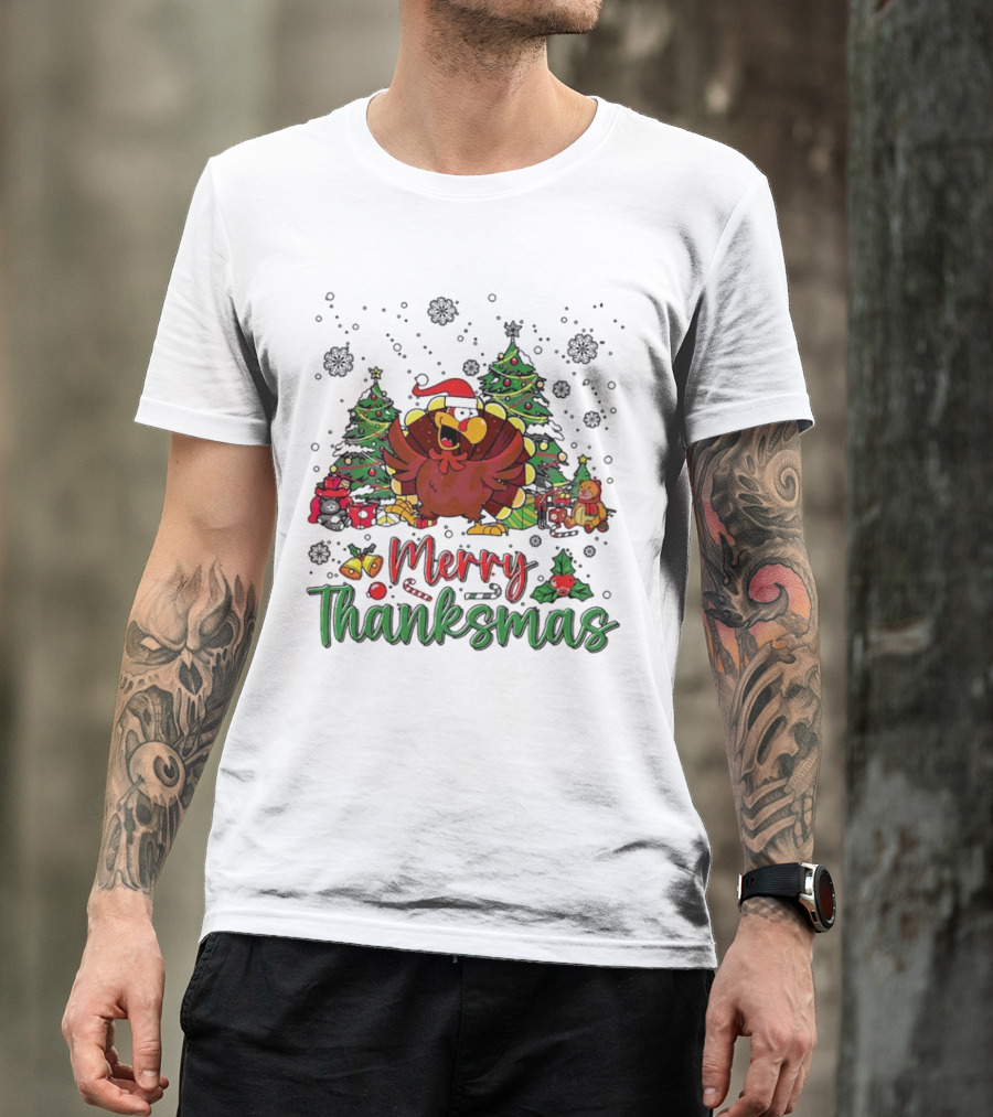 Merry Thanksmas Funny Turkey Santa Hat Christmas Trees T-Shirt