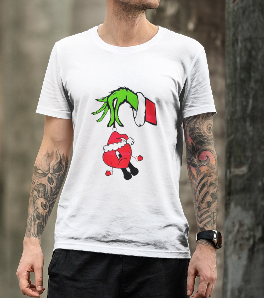 Grinch Hand Bad Bunny Santa Hat Christmas T-Shirt