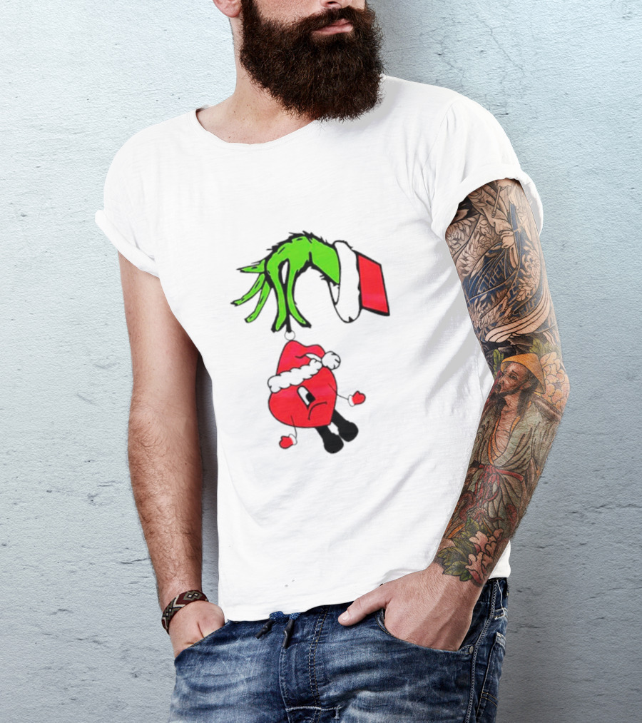 Grinch Hand Bad Bunny Santa Hat Christmas T-Shirt