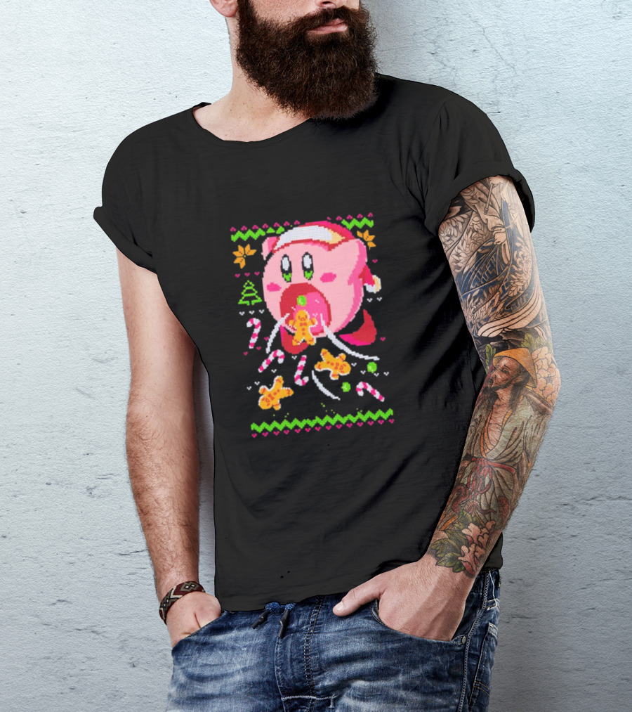 Kirby Santa Hat Eating Gingerbread Candy Canes Holiday T-Shirt