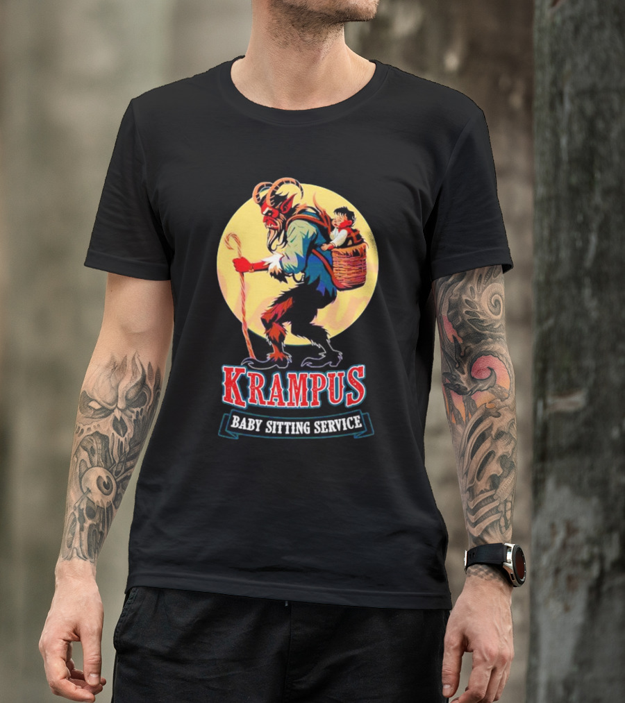 Krampus Baby Sitting Service Horror Christmas Monster Carrying Child T-Shirt
