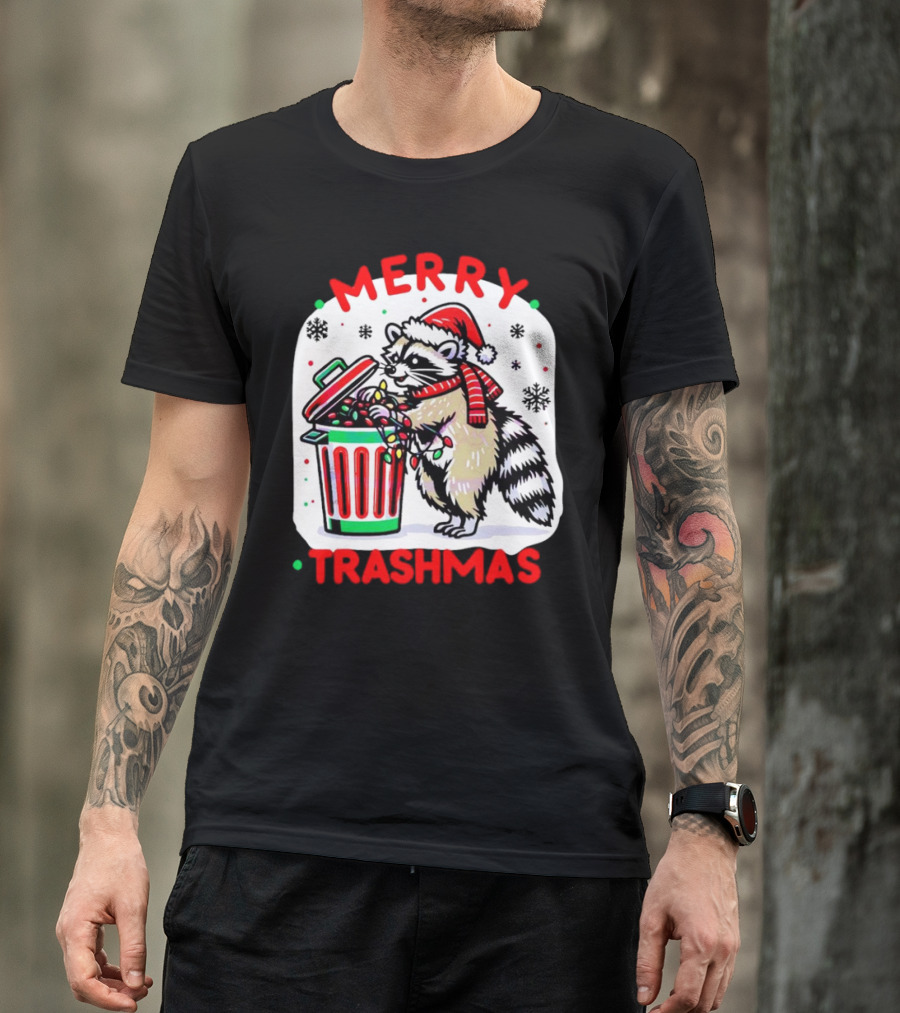 Merry Trashmas Raccoon Santa With Christmas Lights T-Shirt