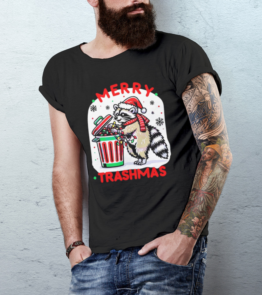 Merry Trashmas Raccoon Santa With Christmas Lights T-Shirt
