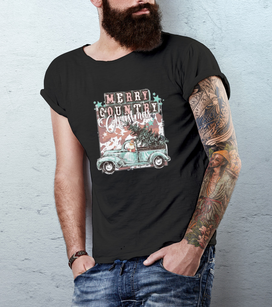 Merry Country Christmas Santa Truck With Tree T-Shirt