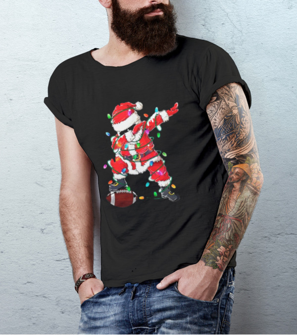 Santa Dabbing With Christmas Lights And Football T-Shirt