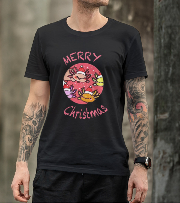 Merry Christmas Axolotl With Santa Hat T-Shirt