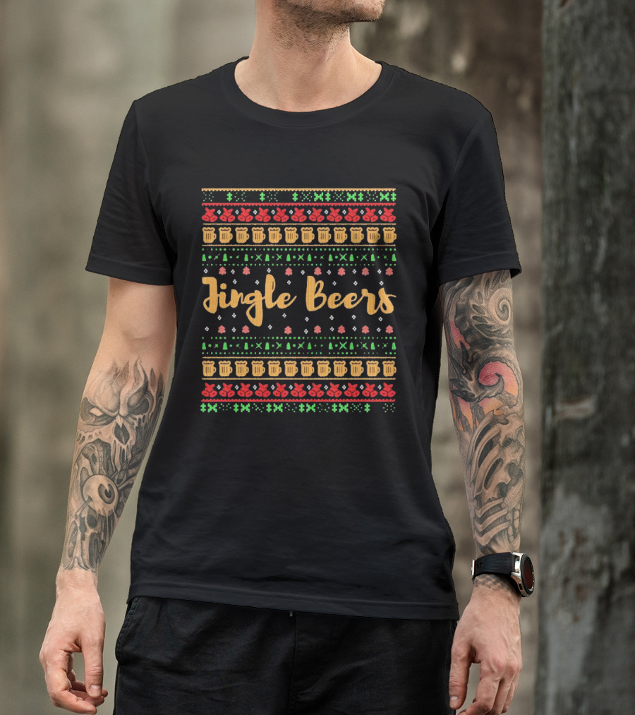 Jingle Beers Christmas Sweater Pattern With Beer Mugs And Holiday Decorations T-Shirt
