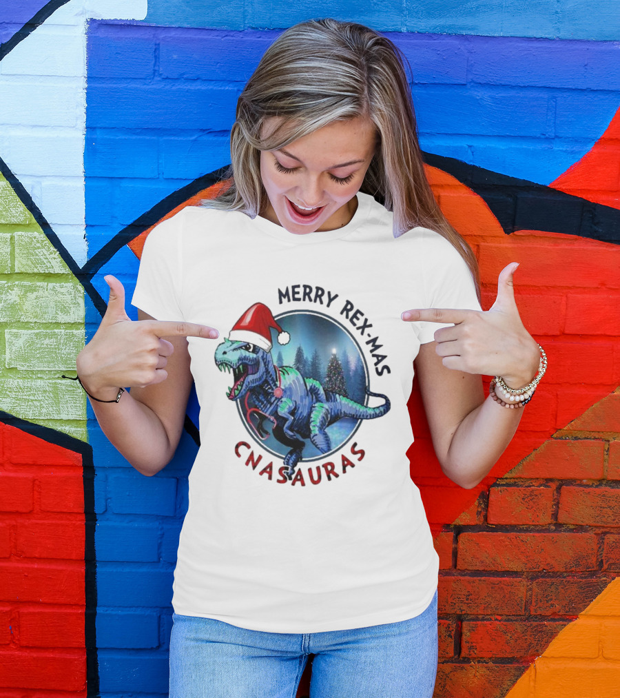 Merry Rex-mas CNAauras Santa Hat Dinosaur Christmas Tree Forest T-Shirt