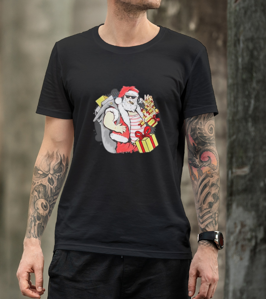 Santa Claus Cool Sunglasses Carrying Christmas Gifts T-Shirt