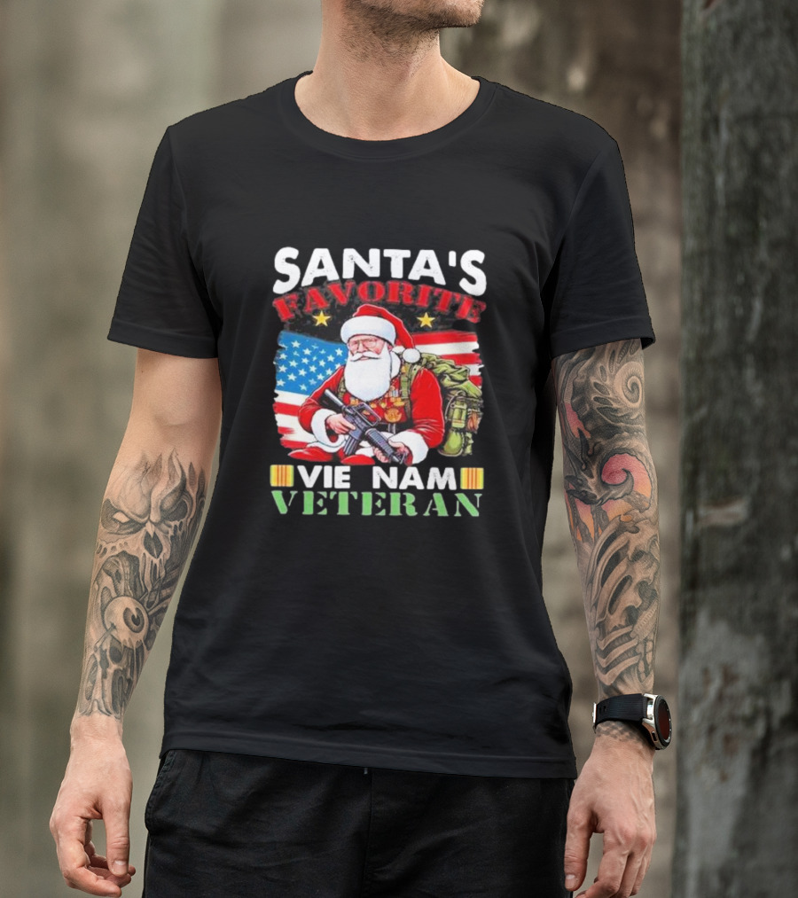 Santa's Favorite Vietnam Veteran With American Flag And Santa Claus Holding Military Gear T-Shirt