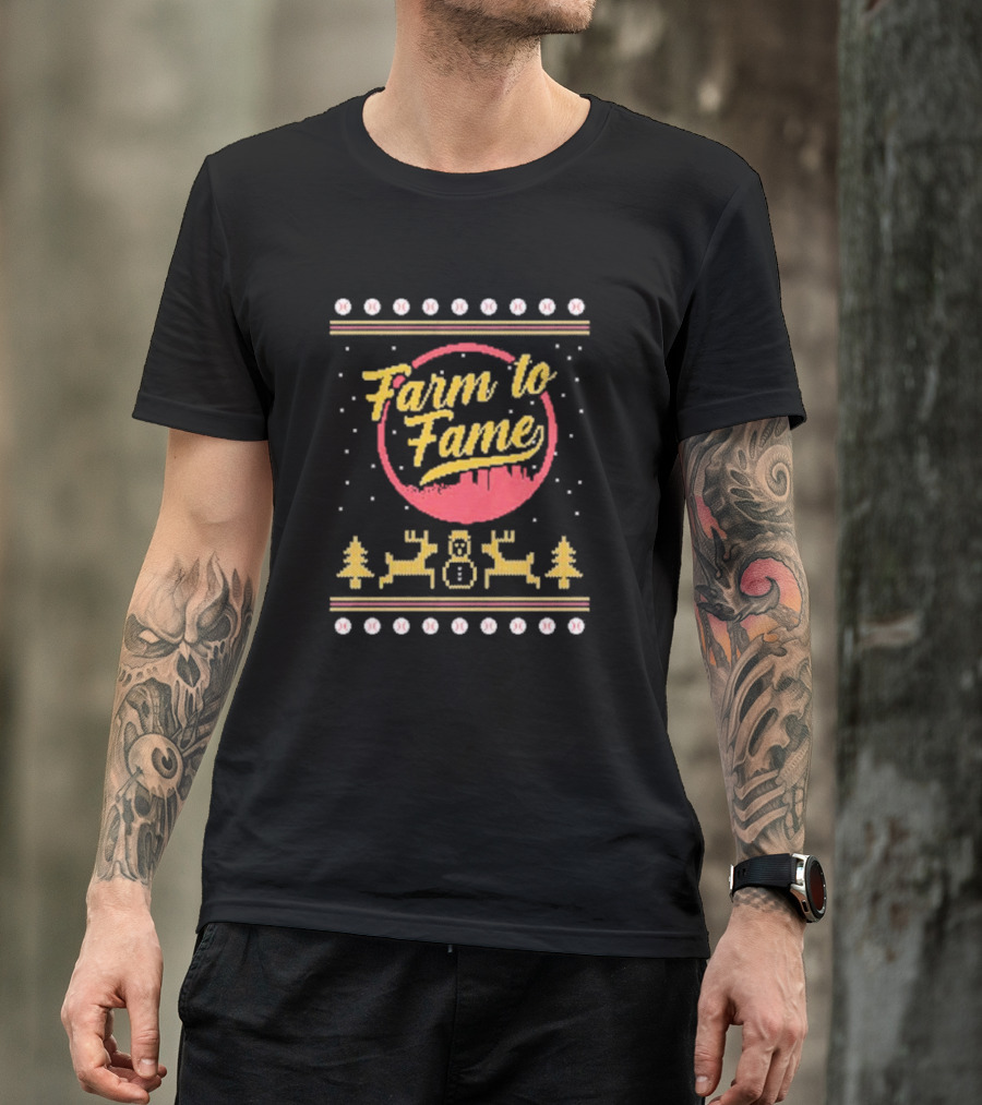 Farm To Fame Baseball Christmas Sweater Reindeer Snowman Forest T-Shirt