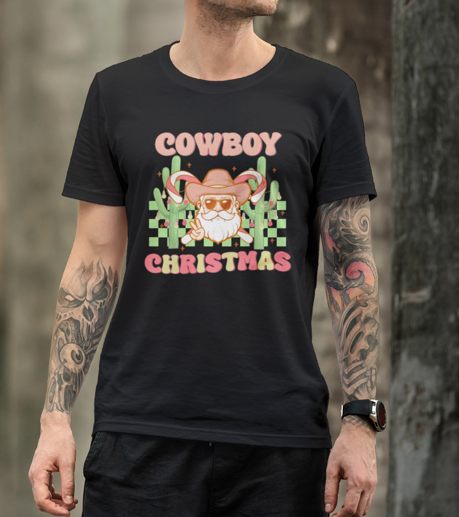 Cowboy Christmas Santa With Candy Cane And Cactus T-Shirt