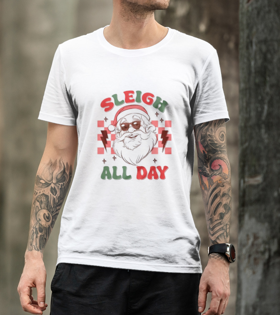 Sleigh All Day Funny Santa Christmas Plaid Lightning T-Shirt