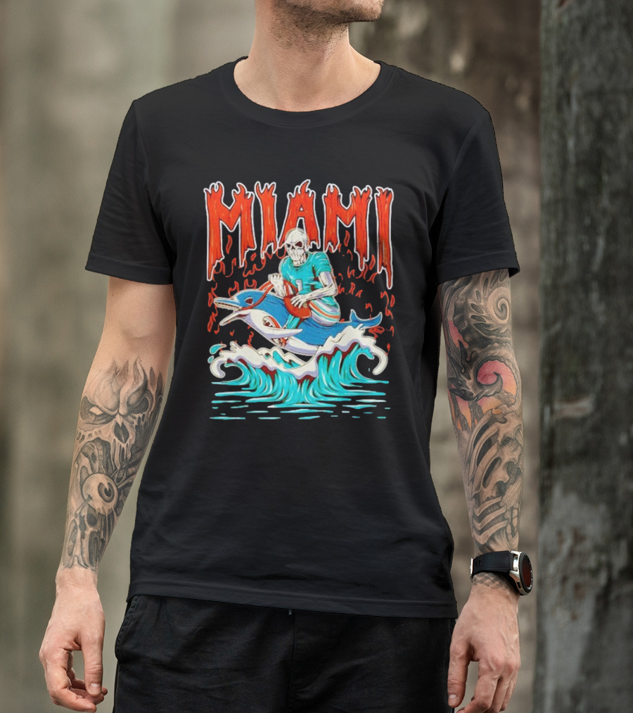 MIAMI Skeleton Riding Dolphin With Football And Flames T-Shirt