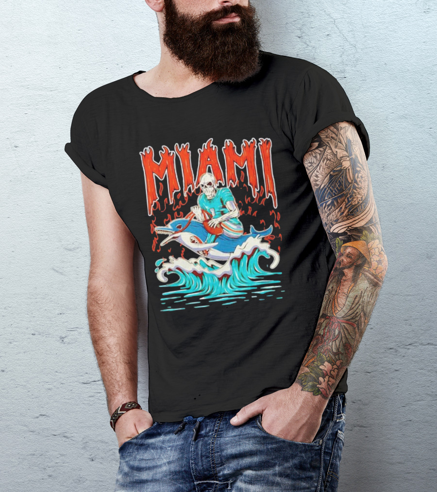MIAMI Skeleton Riding Dolphin With Football And Flames T-Shirt